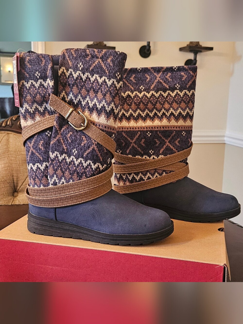Muk Luks Navy Patterned Knit Mid-Calf Boots with Brown Straps